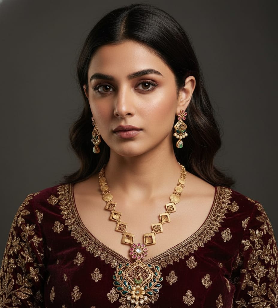 Emerald Floral Gold Necklace Set